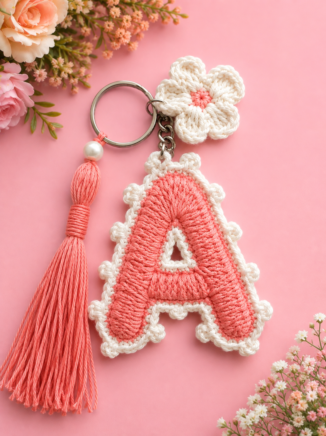 Handmade crochet A name pink and white key chain
