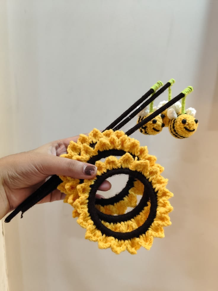 Yellow Crochet Sunflower Bun Holder with Stick