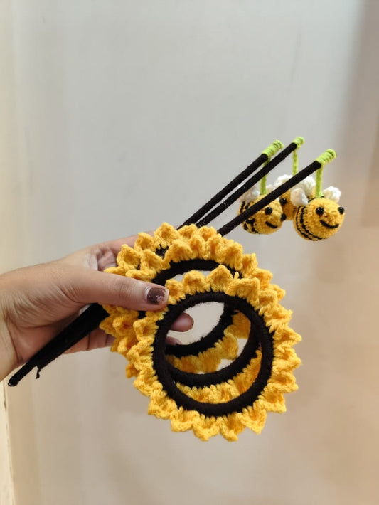 Yellow Crochet Sunflower Bun Holder with Stick