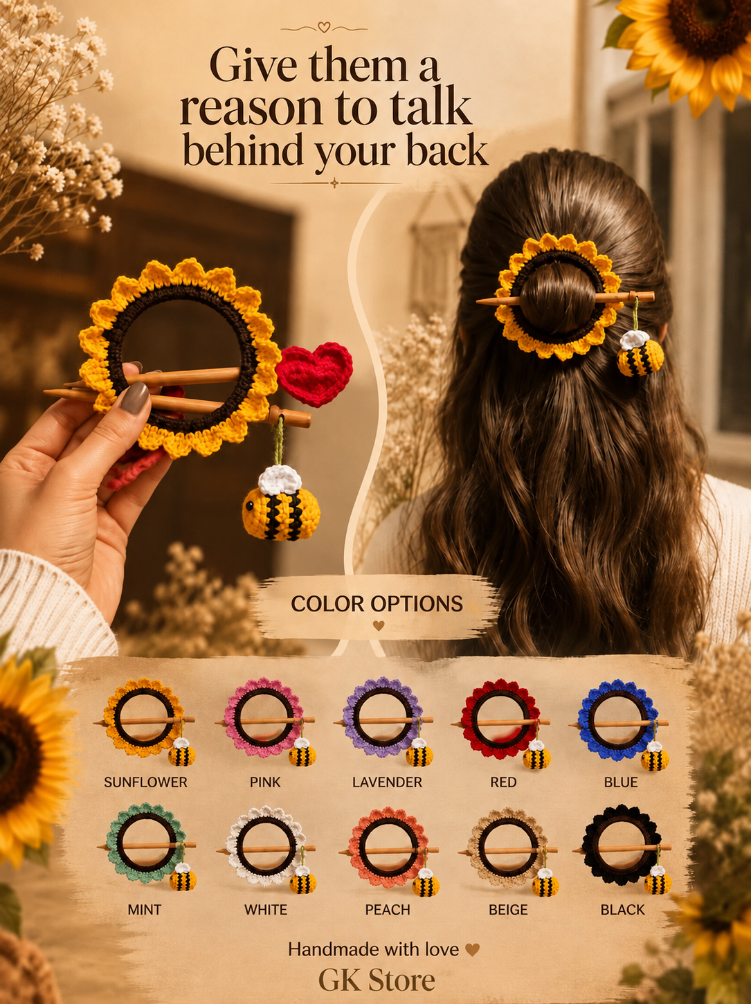 Yellow Crochet Sunflower Bun Holder with Stick