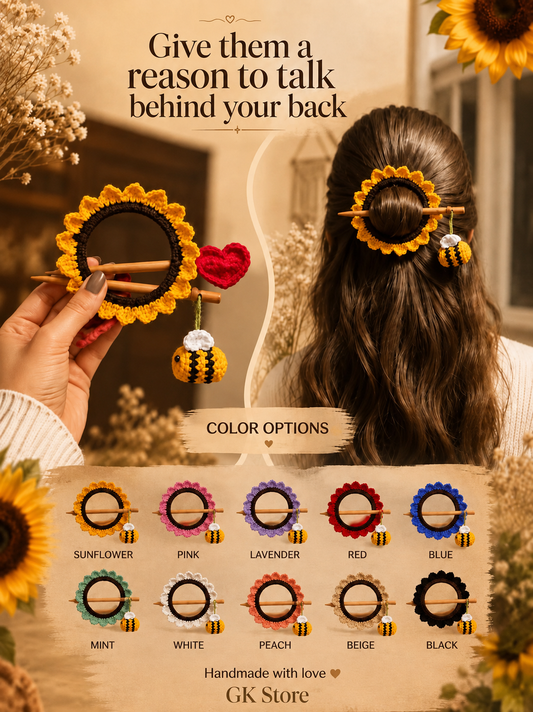 Yellow Crochet Sunflower Bun Holder with Stick