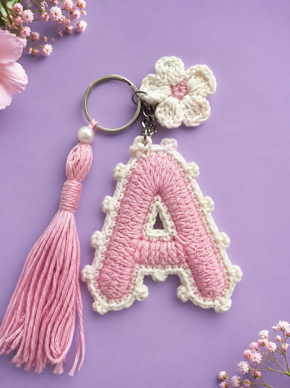 Handmade crochet A name pink and white key chain