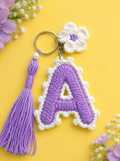 Handmade crochet A name pink and white key chain
