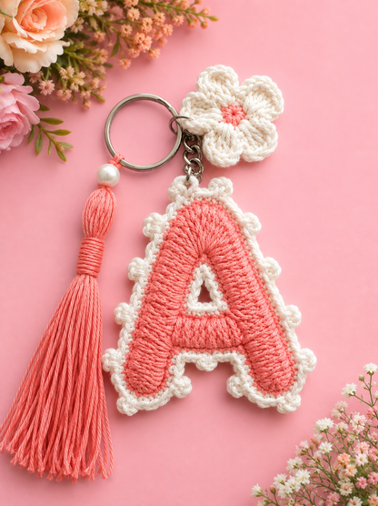 Handmade crochet A name pink and white key chain