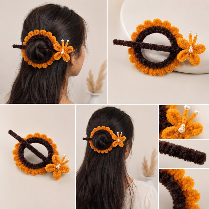 Yellow Crochet Sunflower Bun Holder with Stick