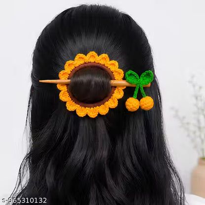 Yellow Crochet Sunflower Bun Holder with Stick
